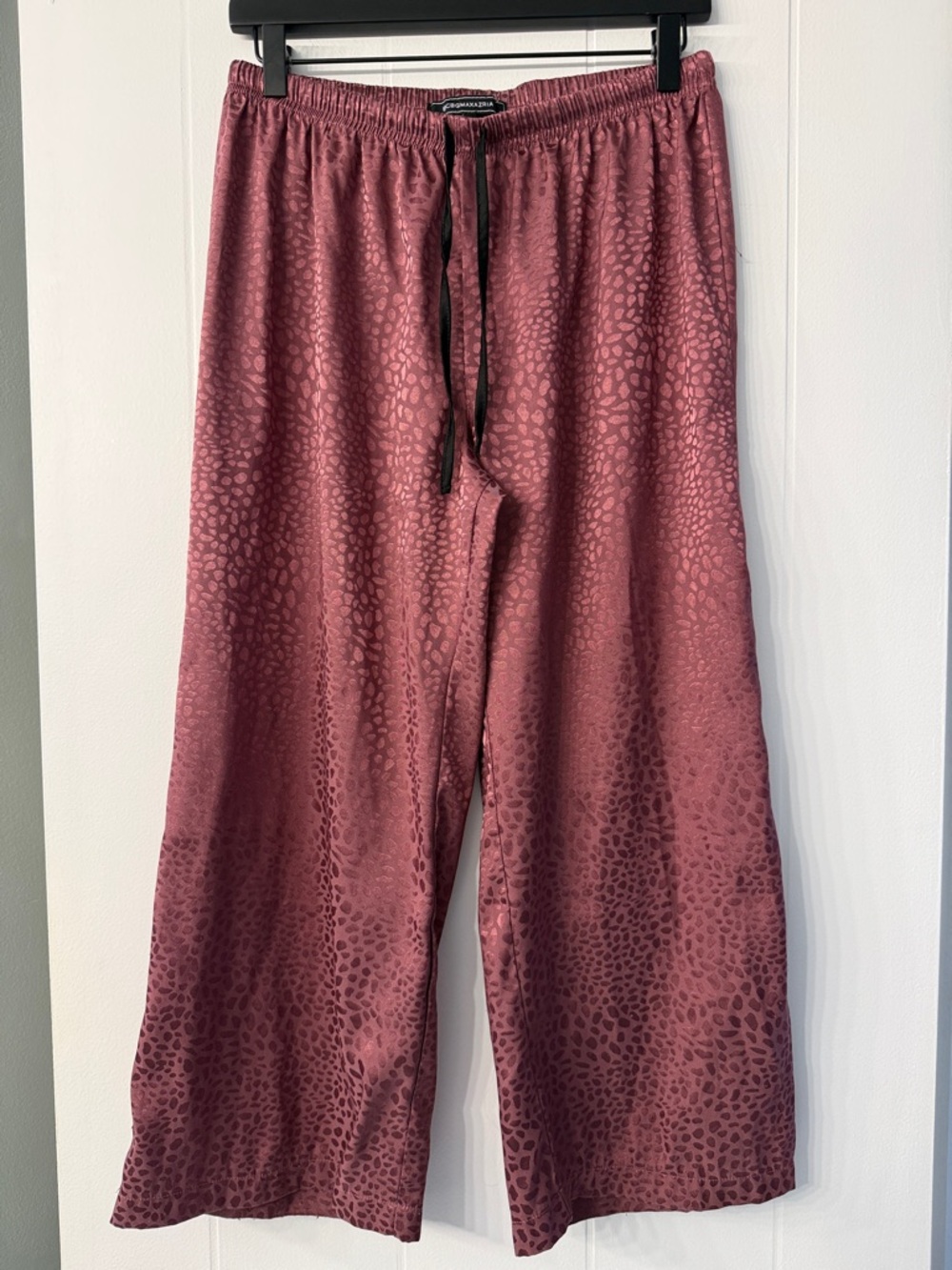 BCBGMaxAzria Women’s Drawstring Wide-Leg Satin Lounge Pants Burgundy Leopard Med